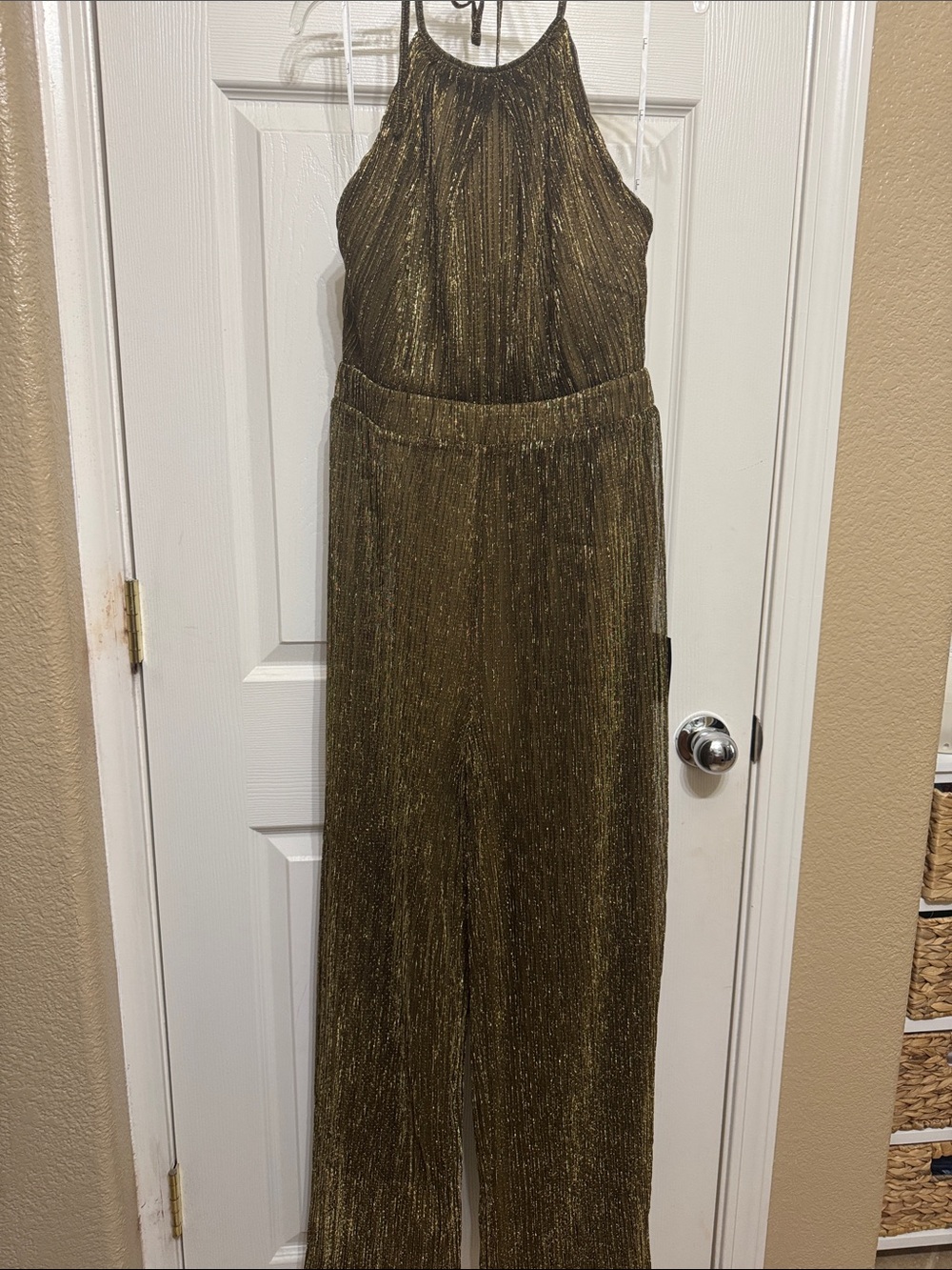 Lulu's Metallic Olive Halter Jumpsuit
